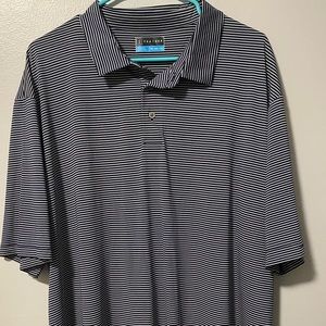 PGA Tour navy and white striped polo.